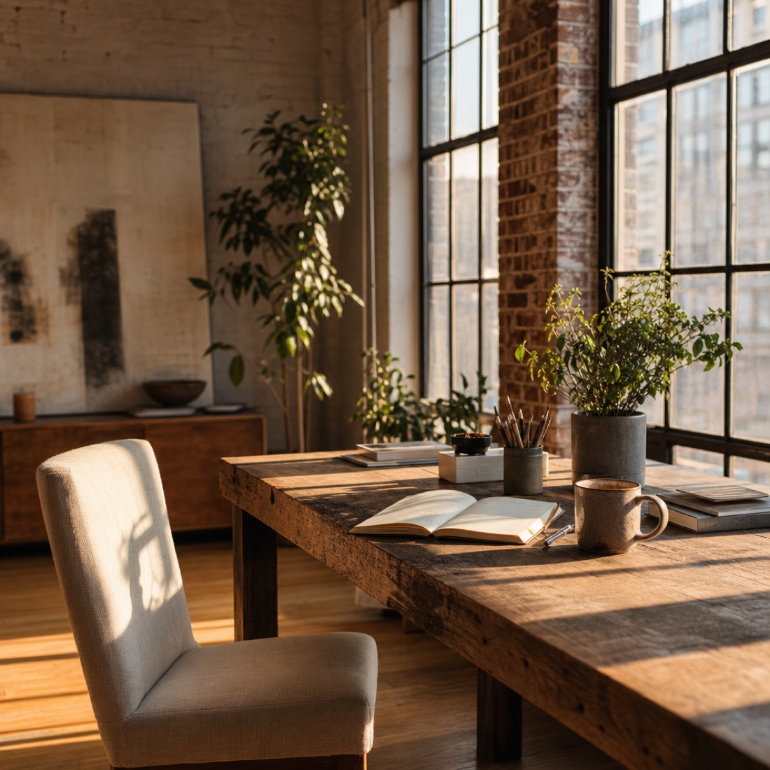 A sunlit boutique studio with a worn-wood table, a chair pushed back, and a notebook left open. The kind of small business FidelicAI staffs.